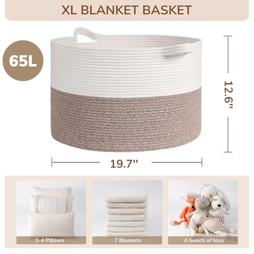 INDRESSME Large Storage Basket, 21.7'' x 13.8'' Cotton Rope Blanket Basket Living Room, Toy Organizers and Storage with Handles for Kids, Laundry Baskets for Clothes, Towel, 90L Grey