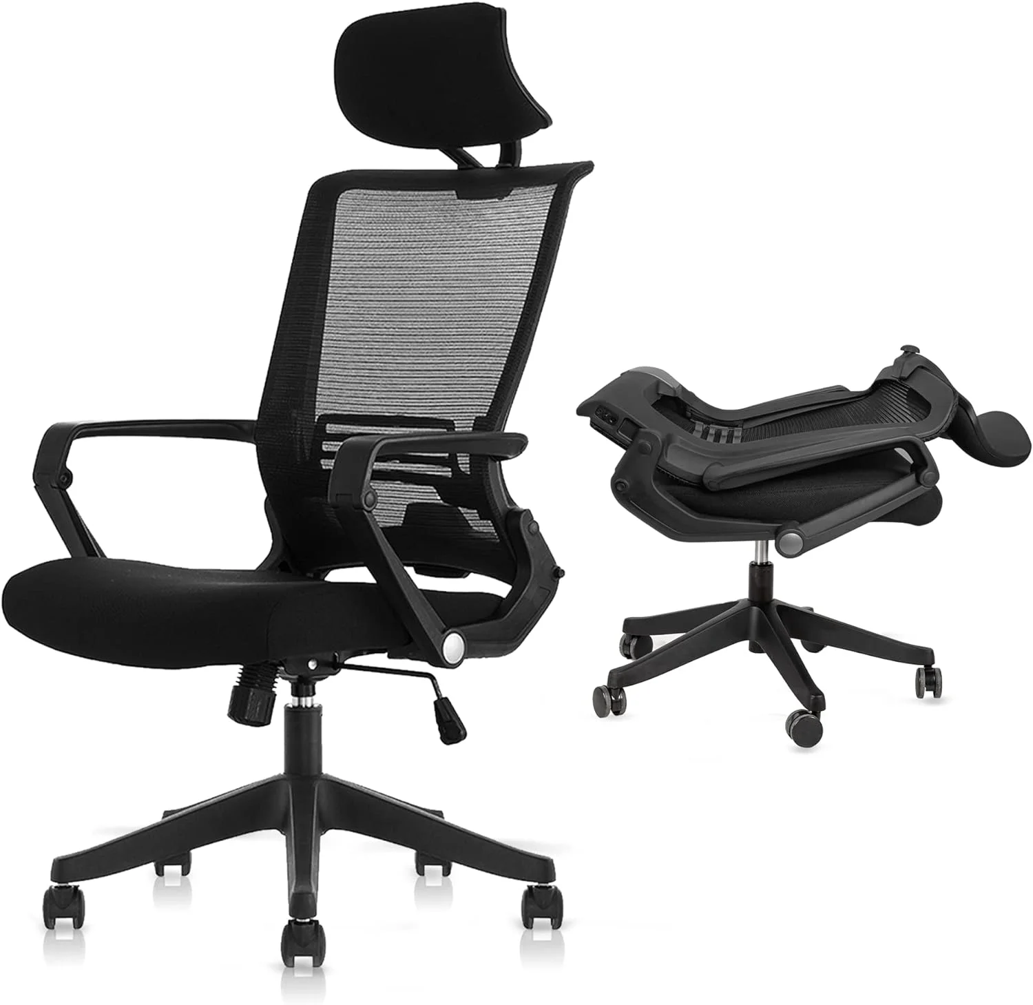 Foldable Ergonomic Office Chair, High Back Computer Desk Chair with Adjustable Lumbar Support, Fixed Armrests, Headrest, 90°-110° Rocking Chair, Home Office Desk Chair, Easy Assembly, Black
