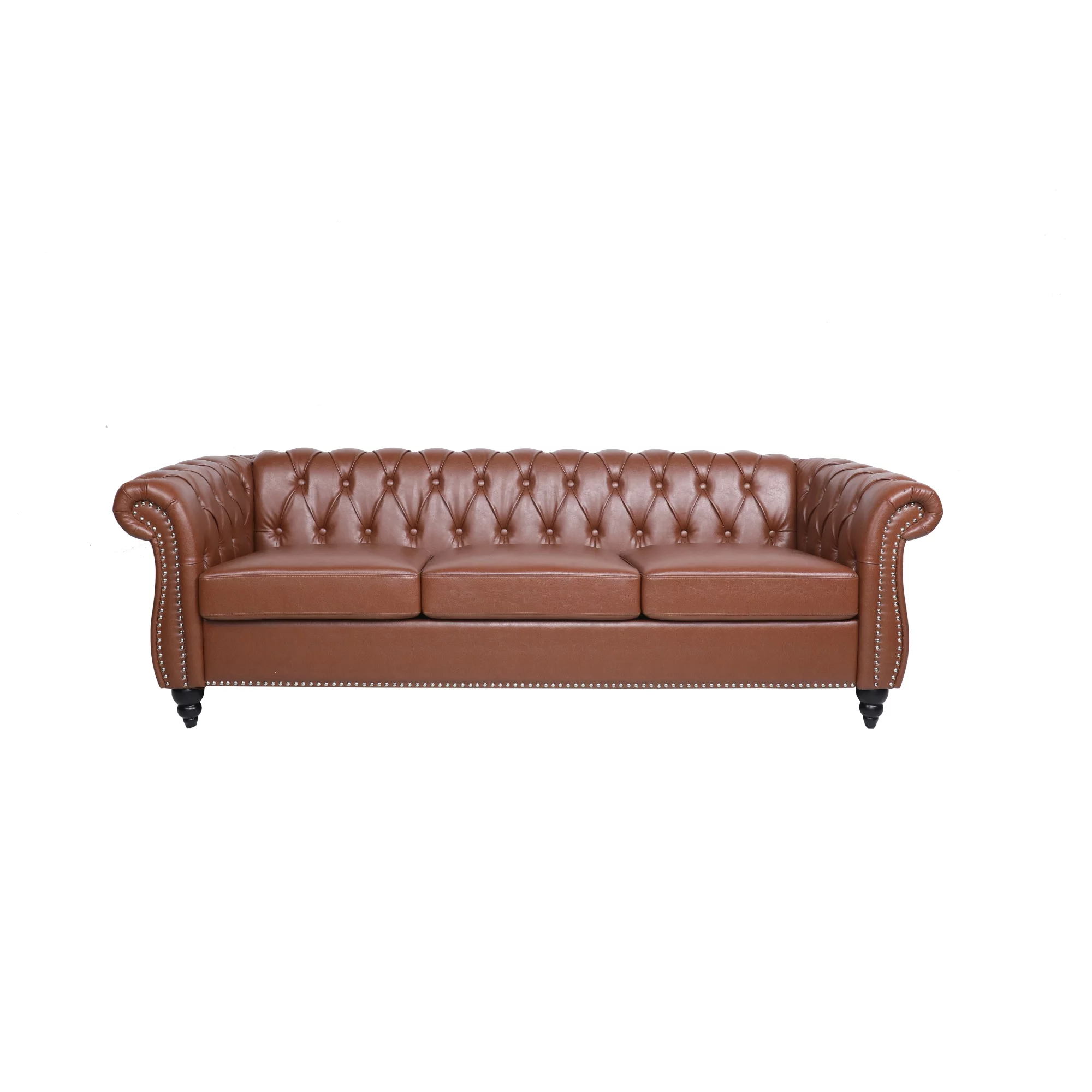 Chairone House 84' Brown Pu Rolled Arm Chesterfield Three Seater Sofa.