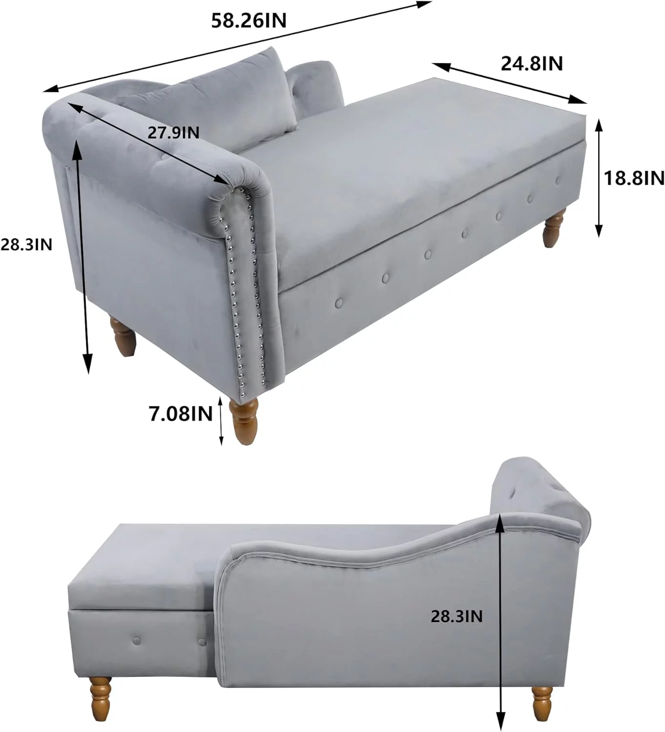 Chaise Lounge Chair Indoor Velvet Bedroom Lounge Chair With Storage & Pillow Modern Upholstered Chaise Lounge With Nailhead Trim Sleeping Long Chair For Living Room Office, Grey