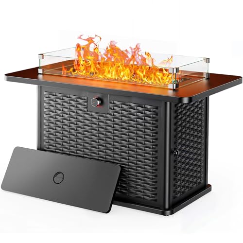 Ciays 43-Inch Rectangular Propane Fire Pit with 60,000 BTU Output, Fire Pit Table Premium Gas for Outside Patio with 304 Stainless Steel H-Burner, Glass Stones, and Wind Guard,Black