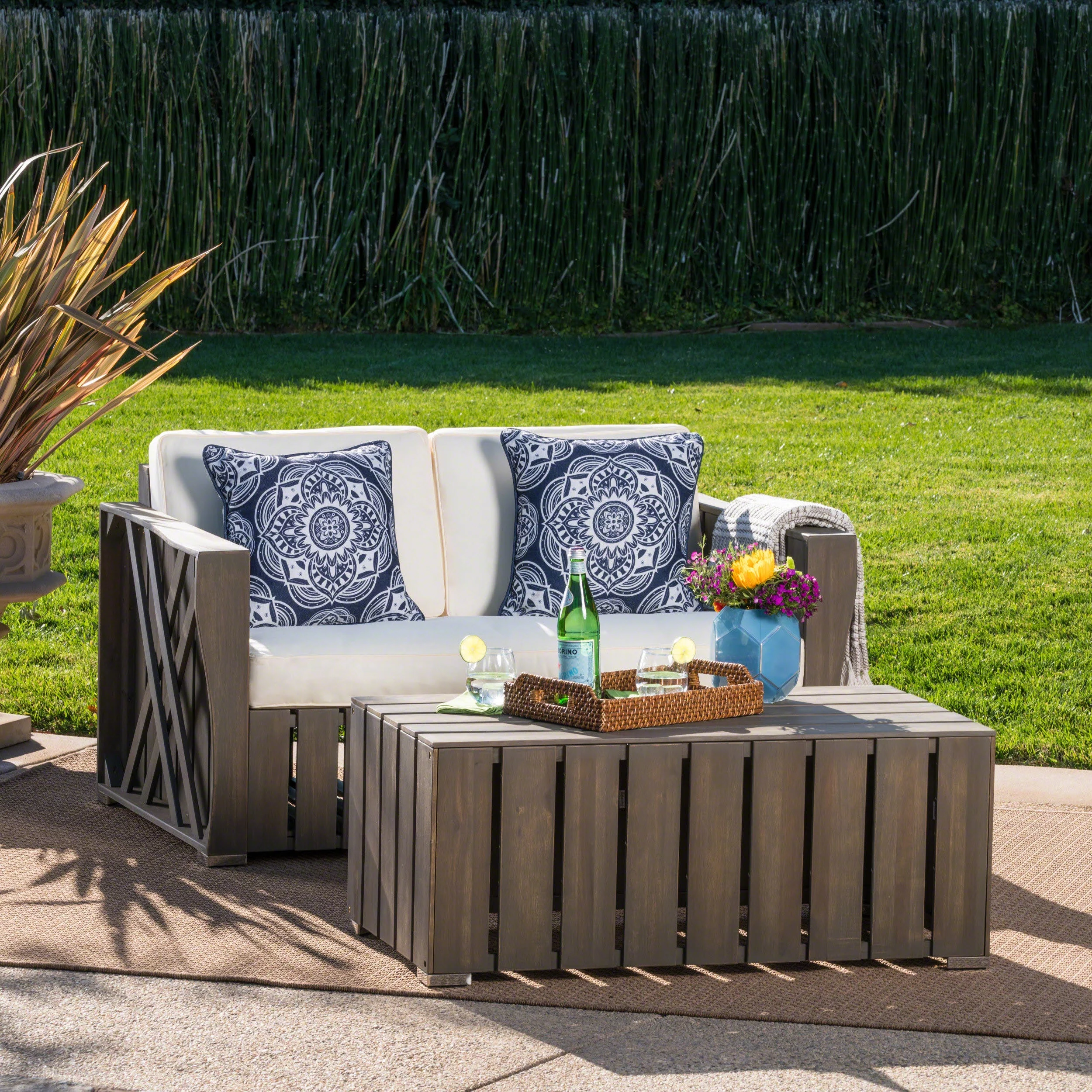 Edward Outdoor Acacia Wood 2 Seater Conversation Set with Cushions, Grey Finish and Cream