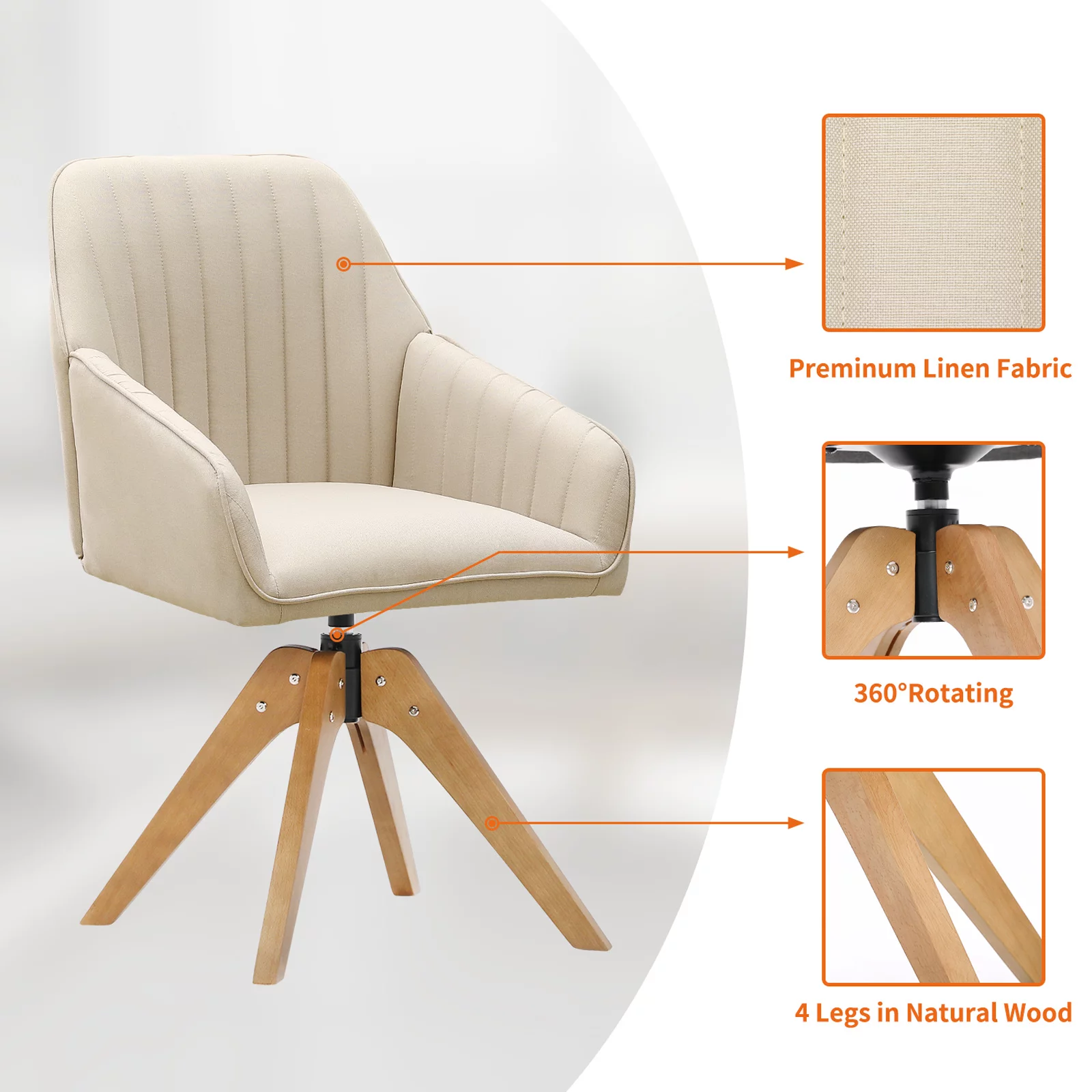 Mid Century Swivel Accent Chairs Modern Barrel Desk Chair Faux Linen,Beige