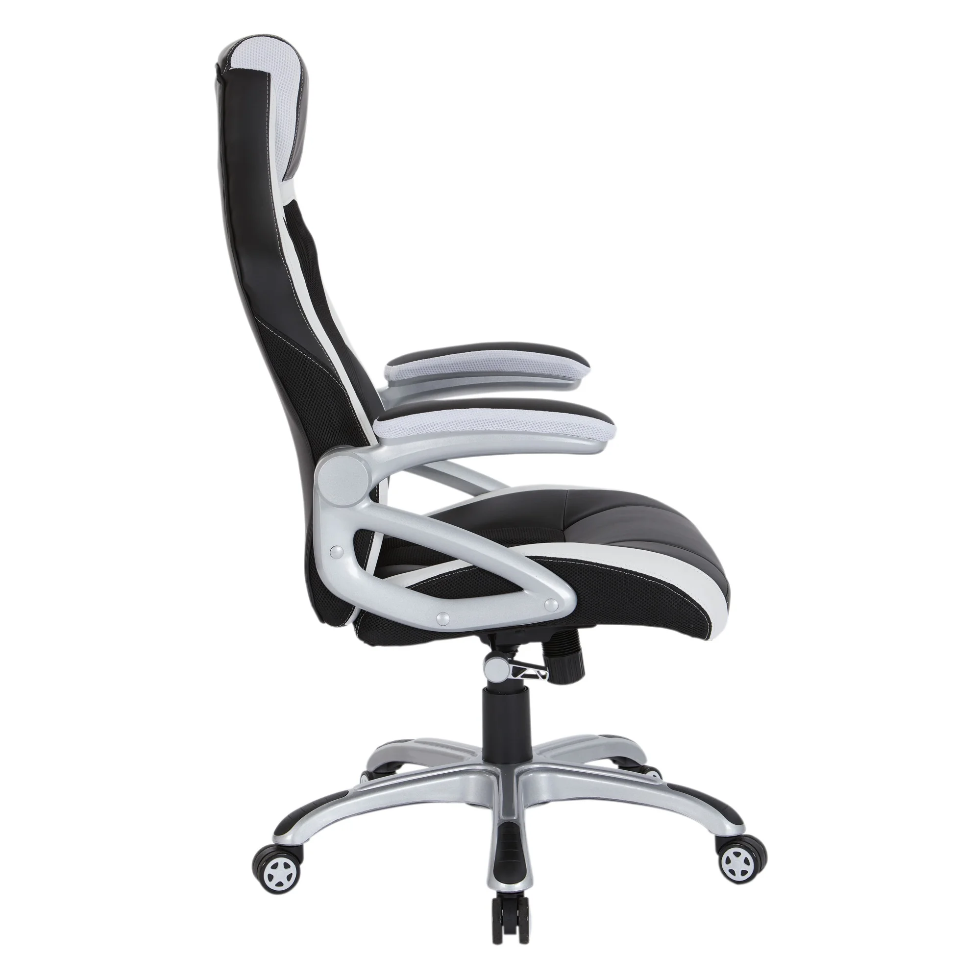 OSP Home Furnishings Race Chair in Black with White Trim, White Stitching, and Silver Base