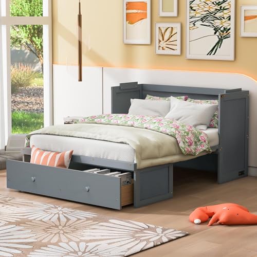 Queen Size Murphy Bed with Drawers and Charging Station Wood Murphy Wall Cabinet Bed with Storage for Saving Space, Espresso