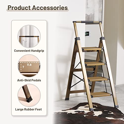 XinSunho 5 Step Ladder, Retractable Handgrip Folding Step Stool with Anti-Slip Wide Pedal, Aluminum Stool Ladders 5 Steps, 330lbs Safety Household Ladder