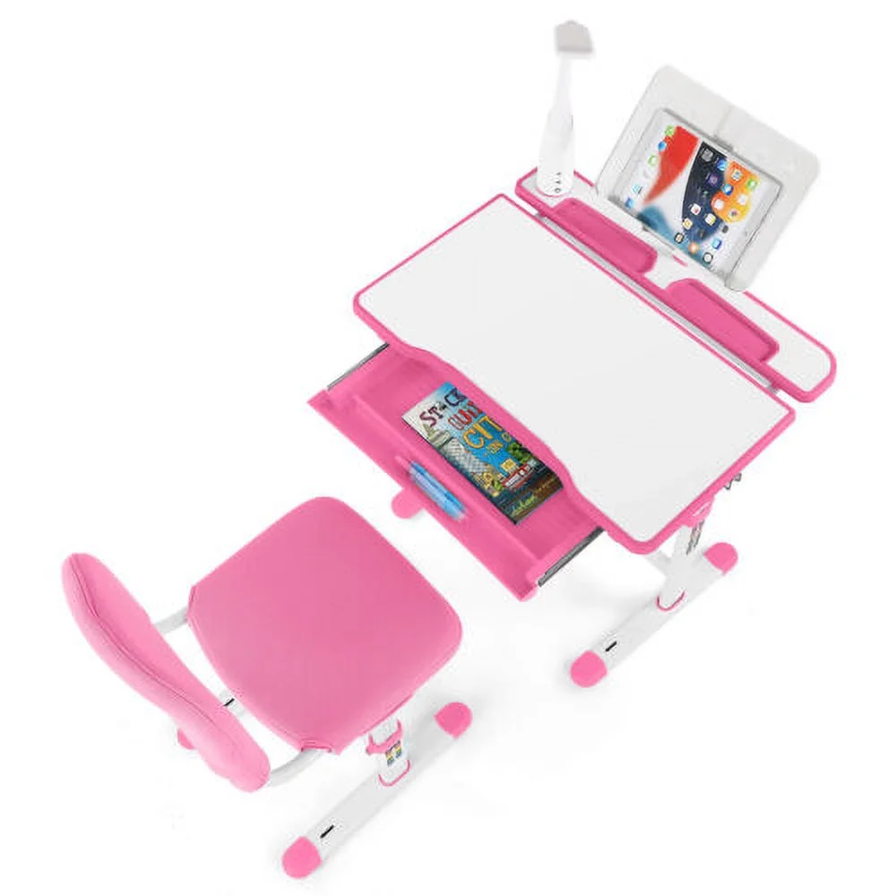 COSVALVE Height Adjustable Kids Study Desk & Chair Set Children Girl Table Large Writing Board Desk with LED Lamp,Drawer,Bookstand,Chair Cover(Pink)