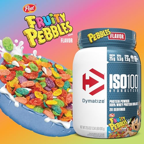Dymatize x Fruity Pebbles ISO100 Whey Protein Powder Isolate, 25g of Protein, 20 Servings, 5.5g BCAAs, 120 Cal., Gluten Free, 1g Fat, 1g Sugar, 2g Carb