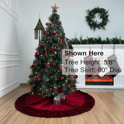 60-Inch Ruffled Velvet Christmas Tree Skirt with Foam Padding, Nylon Backing and Lace-Up Tie Closure, Burgundy