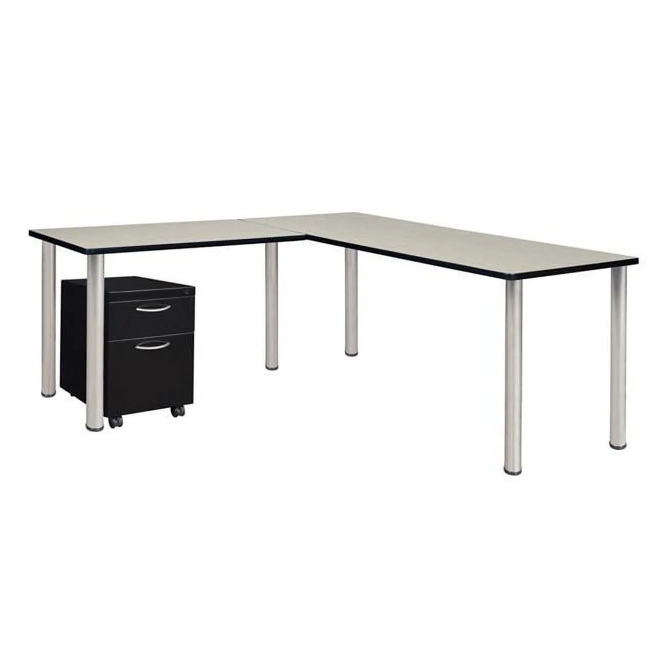 60 in. Kee Single Pedestal L-Desk with 42 in. Return, Maple & Chrome
