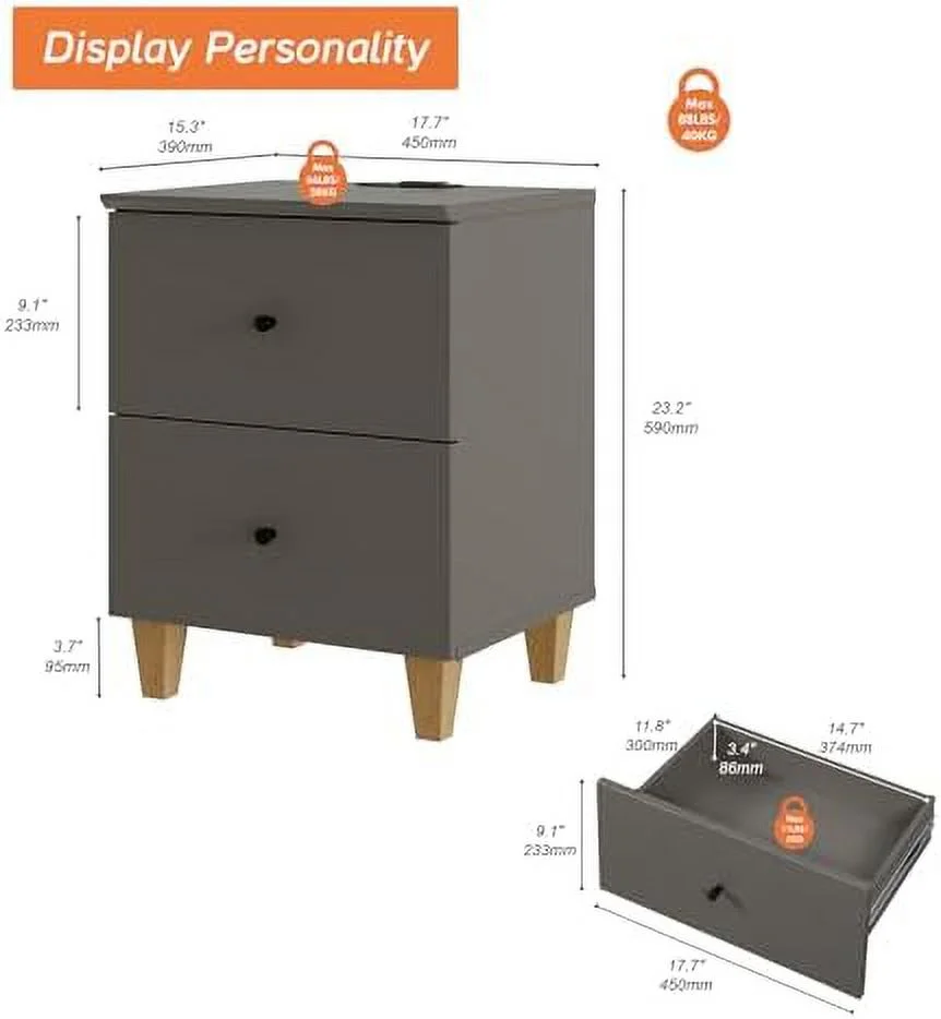 RUNFAYBIU Nightstands with Charging Station&2 Drawers    Modern End Tables Farmhouse Wood Bedside Table with 2 AC Outlets & USB Ports for Living Room and Bedroom  Dark Grey