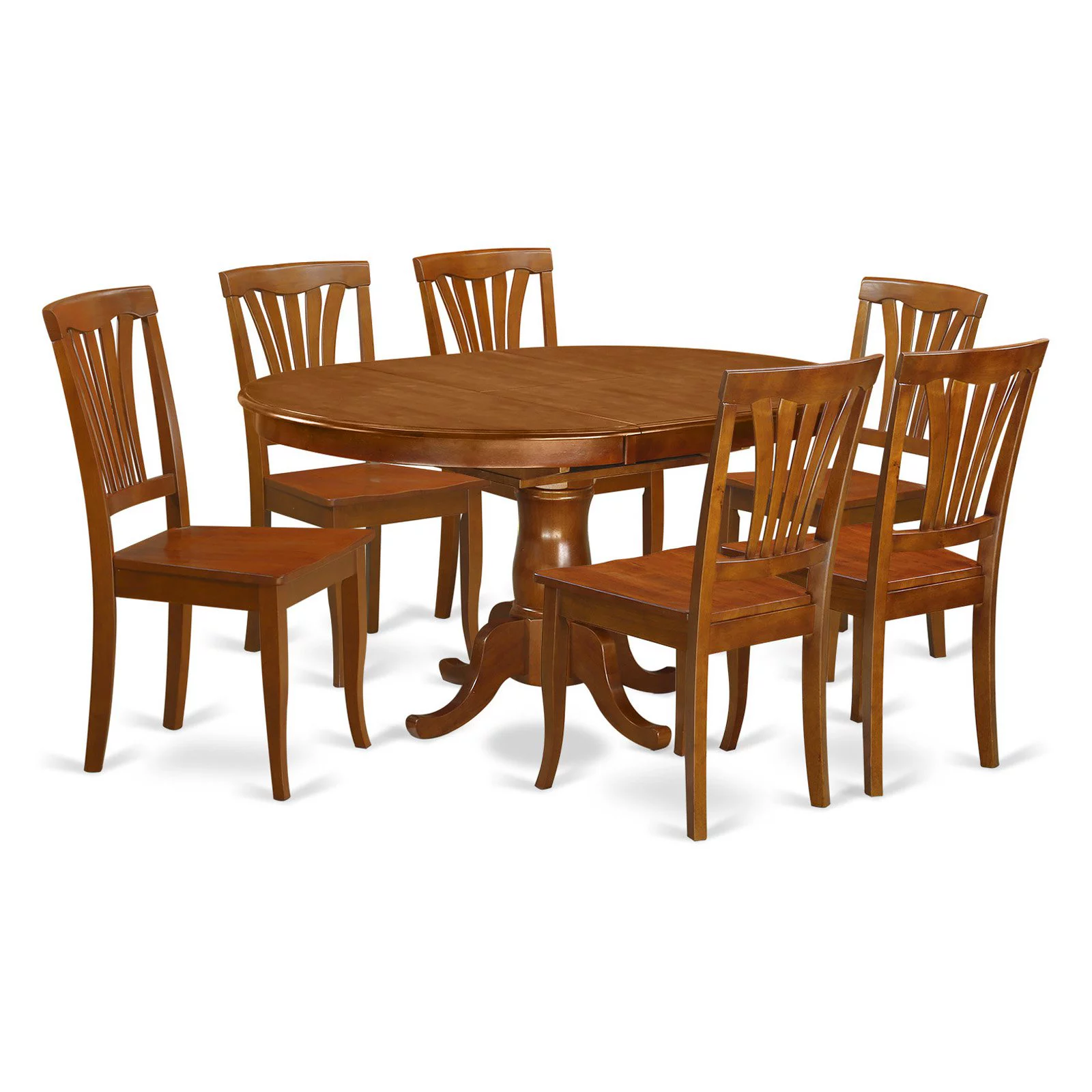 East West Furniture  7 Piece Dining Set Consist of an Oval Dining Room Table and 6 Faux Leather Chairs, Saddle Brown