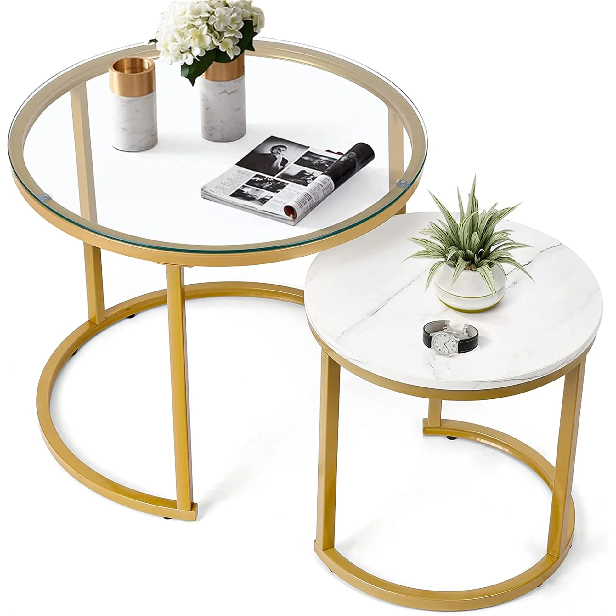 Modern Round Nesting Tables with Metal Frame (Set of 2) (White & Black)