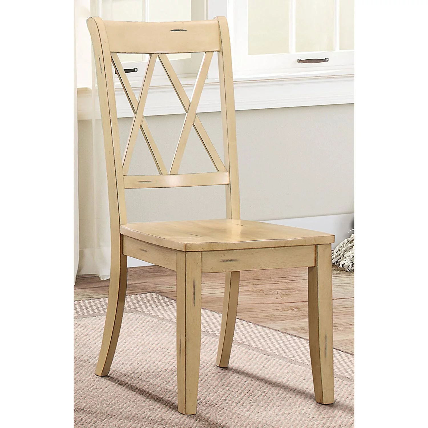 Benzara Pine Veneer Side Chair With Double X Cross Back, Sand, Set of 2