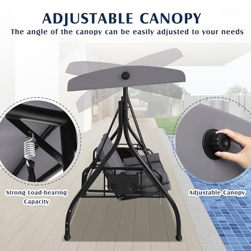 Grepatio Outdoor Porch Swing with Canopy and Stand, 3 Person Patio Swing for Adults, Convertible 2 in 1 Porch Bed Swing with Cup Holder, 3 Seat Swings with 2 Pillow Cushions for Garden, Yard (Grey)