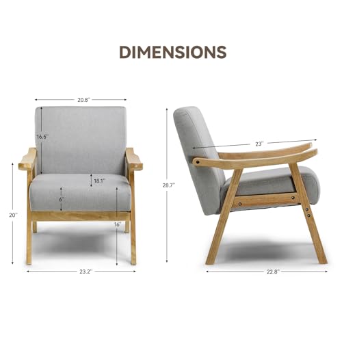 COMHOMA Mid Century Accent Chair, Modern Upholstered Living Room Chairs with Solid Wood Armrest, Comfy Reading Armchair for Bedroom, Sunroom, Balcony (Curved Armrests, White)