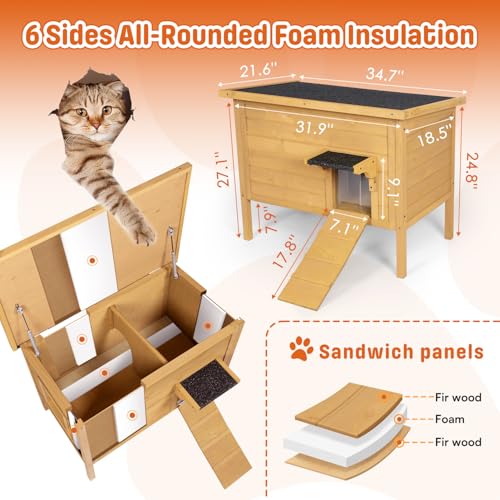 BRIOPAWS Outdoor-Cat-House-Insulated | Feral-Cat-Shelter for Winter | Weatherproof | Large Wooden Pet House for Multiple Cats | Foldable Ladder | Acrylic Side Window | Grey