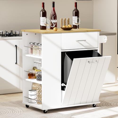 Rolling Kitchen Island with Trash Can Storage, Portable Kitchen Island on Wheels with Towel Rack & Spice Rack, Tilt Out Trash Can Cabinet with Drawer, Mobile Island Cart (Black)