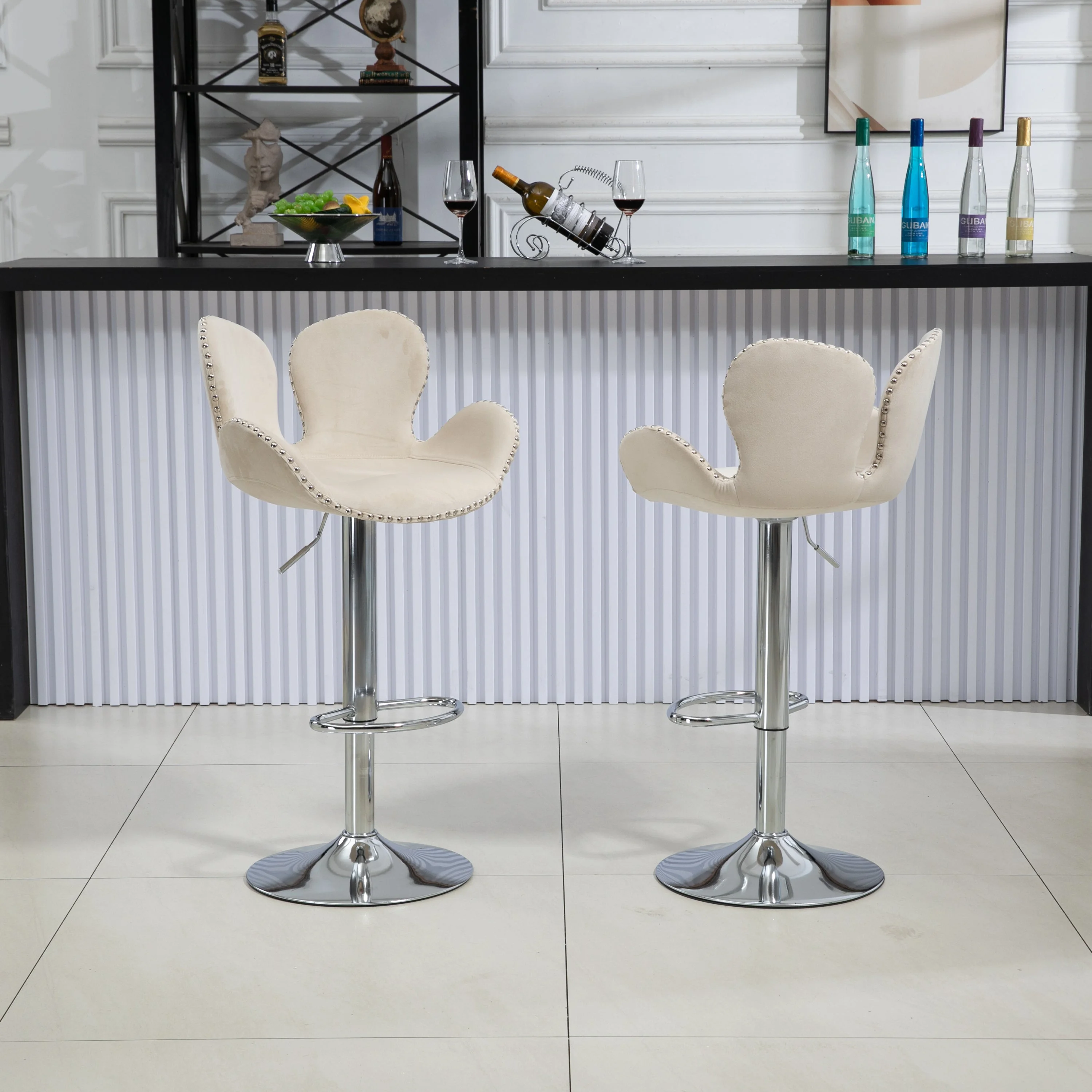 Clove Bar Stools with Back and Footrest  - Beige Set of 2
