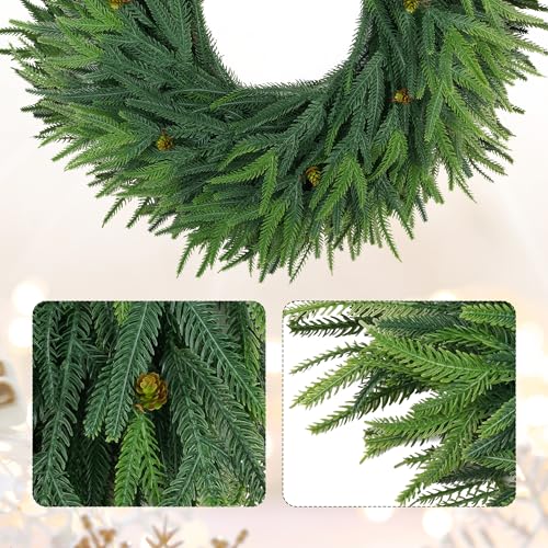 24inch Christmas Wreath 2 Pack, Norfolk Pine Wreath for Front Door, 24 Inch Xmas Village Wreath Holiday Decor Christmas Decorations for Home Wall Window Indoor Outdoor Outside Winter