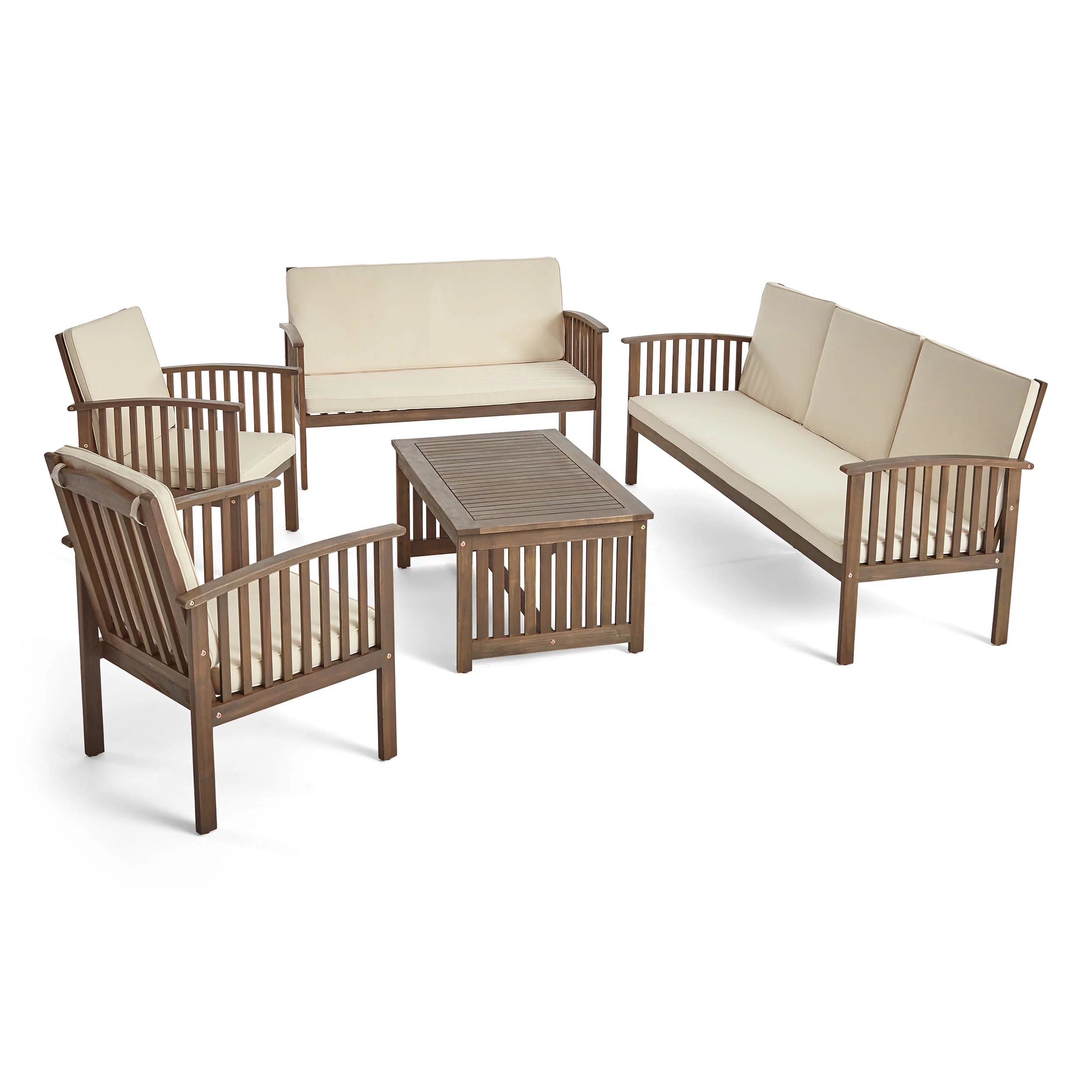 GDF Studio Navan Outdoor Acacia Wood 7 Seater Sofa Chat Set with Cushions, Gray and Cream