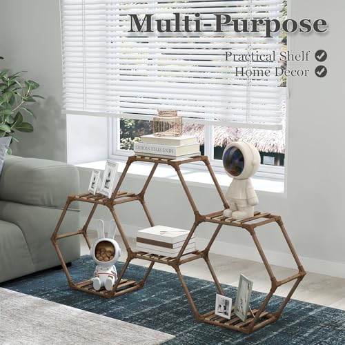 Tikea Plant Stand Indoor Hexagonal Plant Stand for Multiple Plants Indoor Outdoor Large Wooden Plant Shelf Creative DIY 6 Tiered Flowers Stand Rack for Living Room Balcony Patio Window