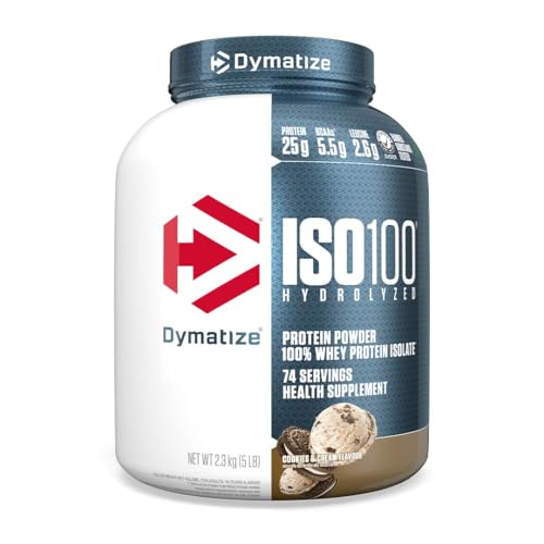 Dymatize ISO100 Whey Protein Powder Isolate, Cookies & Cream, 25g of Protein, 20 Servings, 5.5g BCAAs, Less Than 120 Cal., Gluten Free, 1g Fat, 1g Sugar, 2g Carb