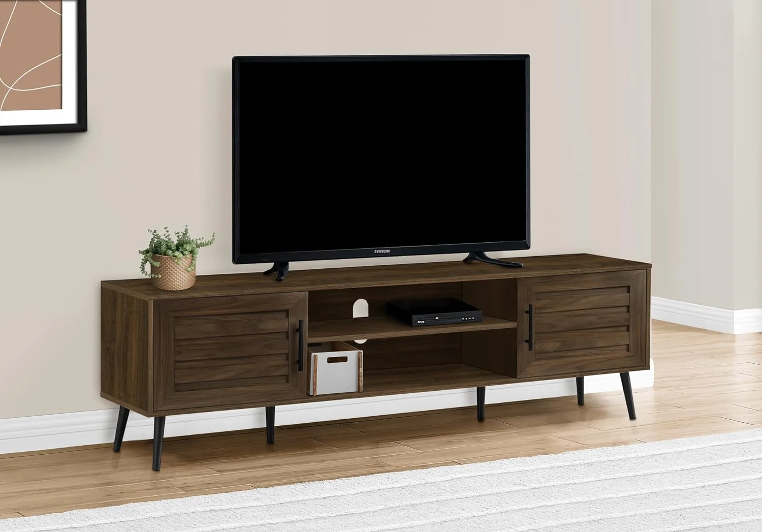 72 Inch, Console, Media Entertainment Center, Storage Cabinet, Living Room, Bedroom, Brown Laminate, Black Wood Legs 1 Tv Stand, 71