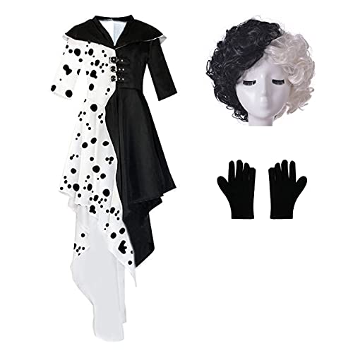 LILLIWEEN Women Black White Costume Dress, Classic Movie Cosplay Full Set with Gloves Halloween Cosplay (US Size)