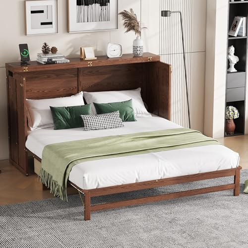 Solid Pine Queen Size Murphy Cabinet Wall Bed with Storage Drawers and Charging Station, USB for Kids, Adults, Women, Space Saving, White