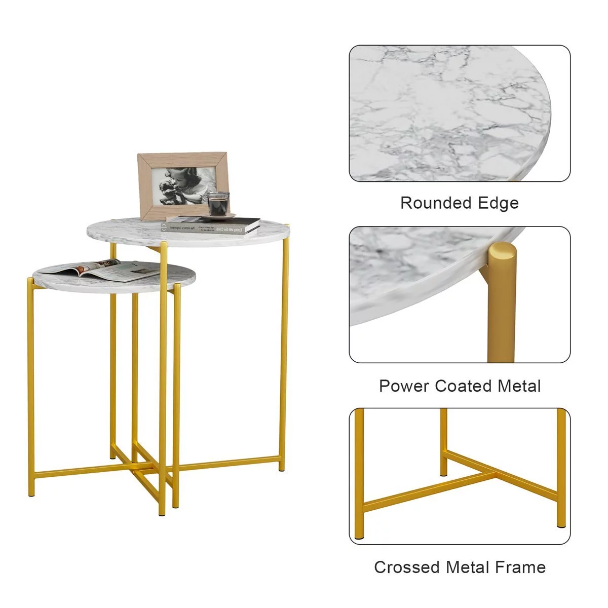 LANTRO JS Modern Faux Marble Top Round Nesting Coffee Table, 2 Piece