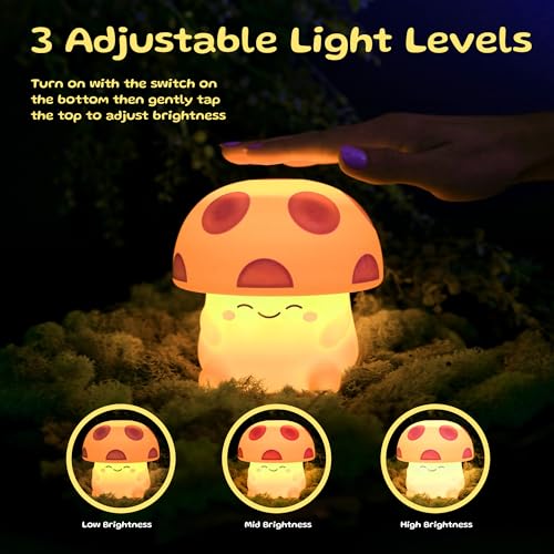 Ambient Mushroom Night Light, Cute Silicone Squishy Light Up Mushroom Lamp, Tap-Sensitive 3 Level Dimmable Nightlight, Easter Gifts for Kids, Battery-Powered Touch Lamp, Baby Nursery Decor