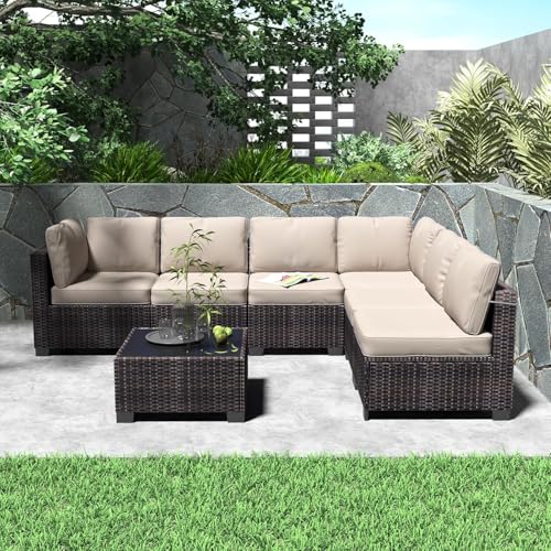 6 Piece Outdoor Patio Furniture Set with Coffee Table, Rattan Deck Conversation Sofa Set, All-Weather Sectional Rattan Sofa with Glass Top Coffee Table, Poolside, Garden, Porch, Grey + Beige