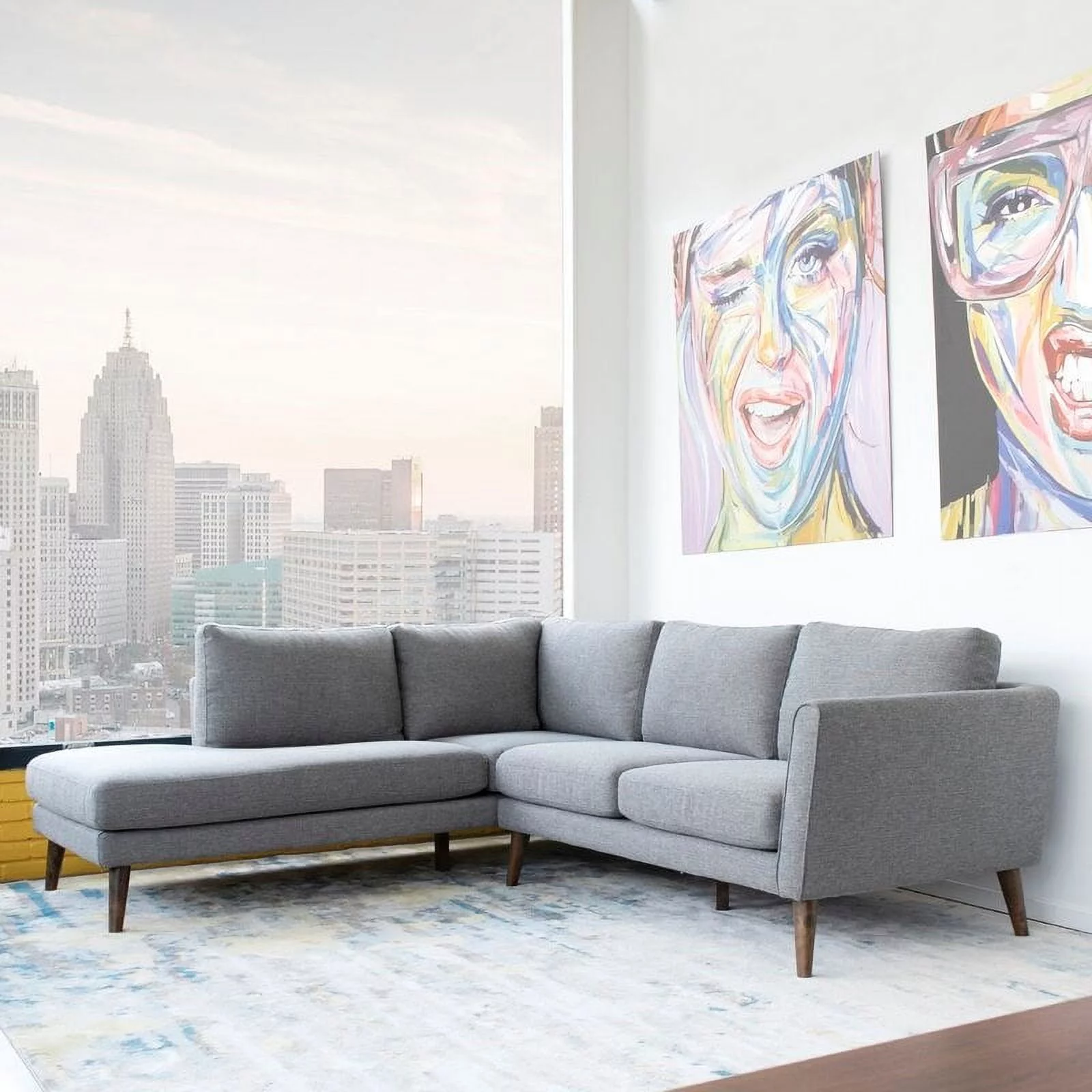 Mid-Century Modern Paisley Light Gray Sectional Sofa (Left Chaise)