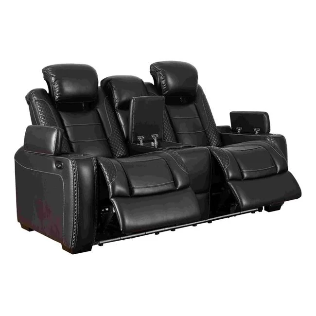 Benjara Power Recliner Loveseat with Console and Adjustable Head, Black