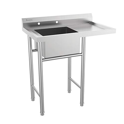 Bonnlo 304 Stainless Steel Utility Sink with Drainboard, One Compartment Workbench Sink Commercial Sink for Restaurant, Laundry Room, Backyard, Garages - Overall Size: 35.8