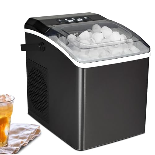 Koolatron Countertop Ice Maker - Pellet Hielo Maquina, Serves 9 Pebble Ice Cubes in 6 mins, Crunchy Ice Nugget for Drinks, Self Cleaning Portable 26 Lbs/24Hrs Capacity, Stainless Steel Black