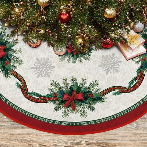 Christmas Tree Skirt 36 Inches, Ribbon Holly Pencil Tree Skirt, Winter Xmas Tree Mat for Home Party Holiday Decorations