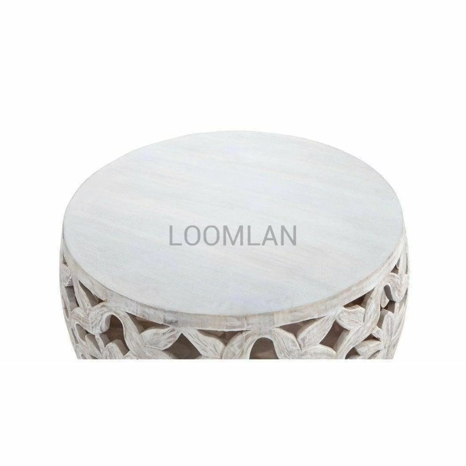 32 White Wash Drum Coffee Table Hand Carved Mango Wood