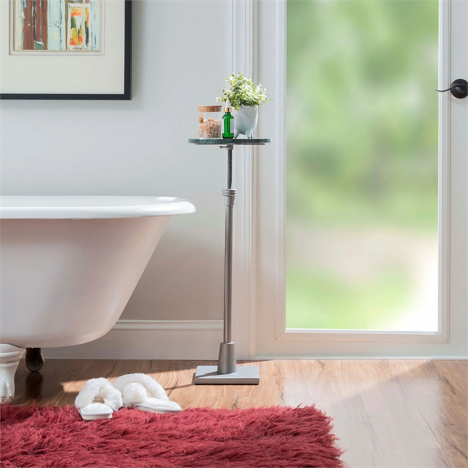 Linon Gavin Adjustable Metal and Green Marble Drink Accent Table in Silver