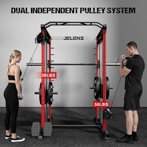 M21 Smith Machine, Multi-Function Power Cage with Dual Pulley Cable Crossover System, 2000LBS All-in-One Squat Rack with Smith Bar and Attachments