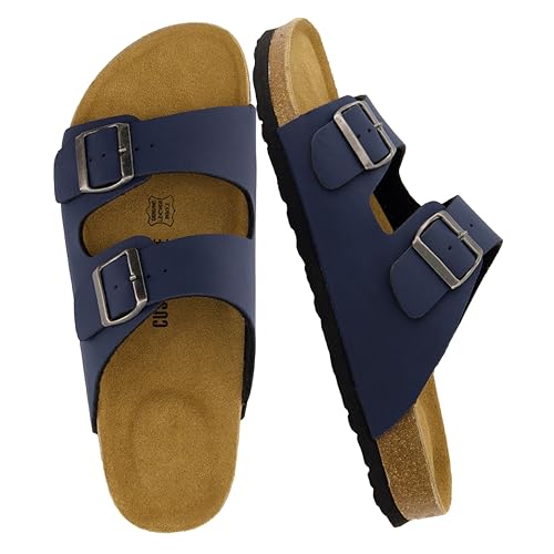 CUSHIONAIRE Lane Cork Footbed Mens Sandals, Adjustable Buckle Comfort Slides for Men, Genuine Leather Insole Summer Sandals Men Footwear