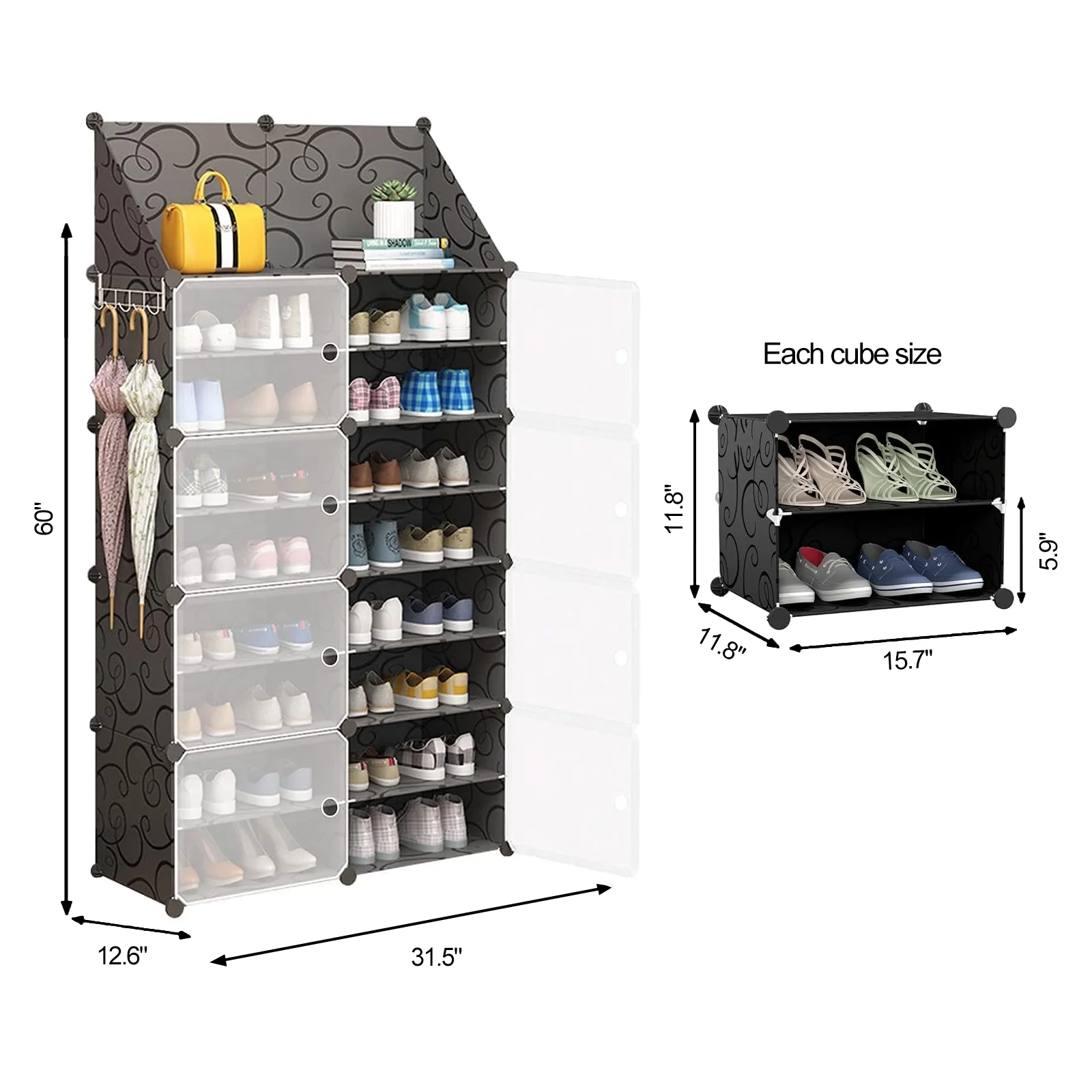 Fiuion Shoe Rack Organizer 8 Tier Shoe Shelf Storage Cabinet Box with Doors Key Holder Portable Shoes Organizer 32 Pair Plastic Shoe Shelves Organizer for Closet Hallway Bedroom Entryway Black