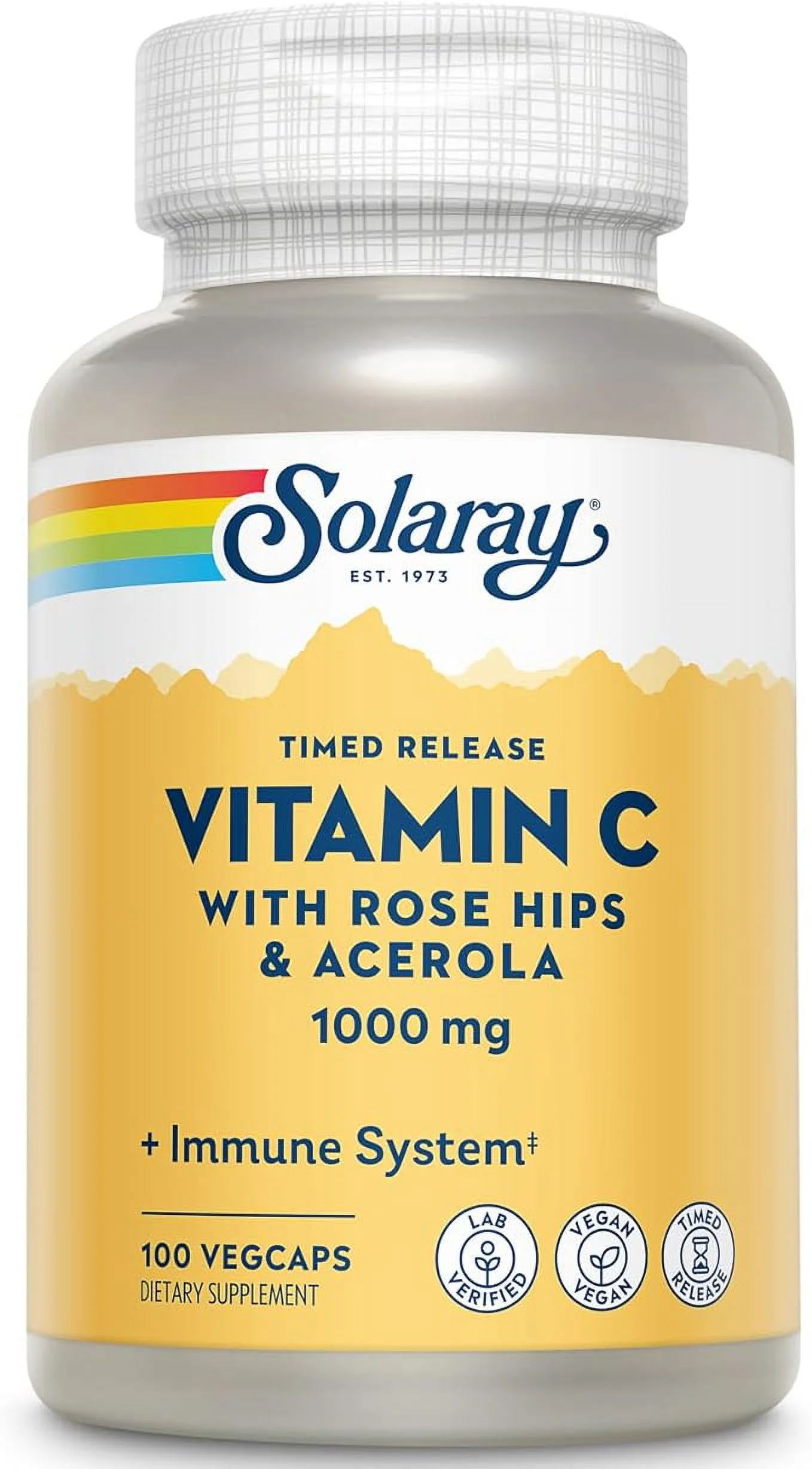 SOLARAY Vitamin C 1000mg Timed Release Capsules with Rose Hips & Acerola Bioflavonoids, Two-Stage for High Absorption & All Day Immune Function Support, 60 Day Guarantee, 100 Servings, 100 VegCaps