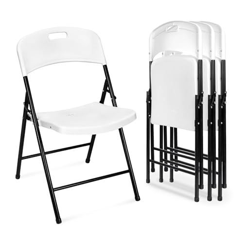 Folding Chairs, Heavy Duty Portable Plastic Foldable Chair with Steel Frame for Outside, Party, Wedding, Indoor Home Use, 4 Pack, White
