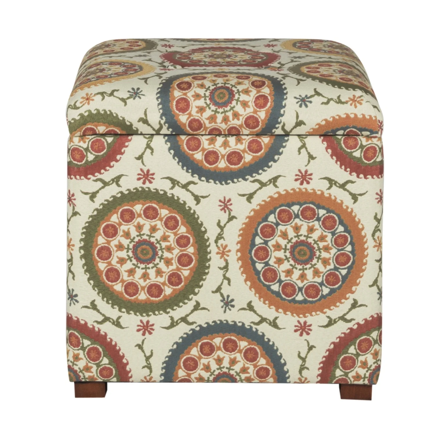 Benjara Suzani Patterned Fabric Upholstered Wooden Ottoman with Hidden Storage, Multicolor