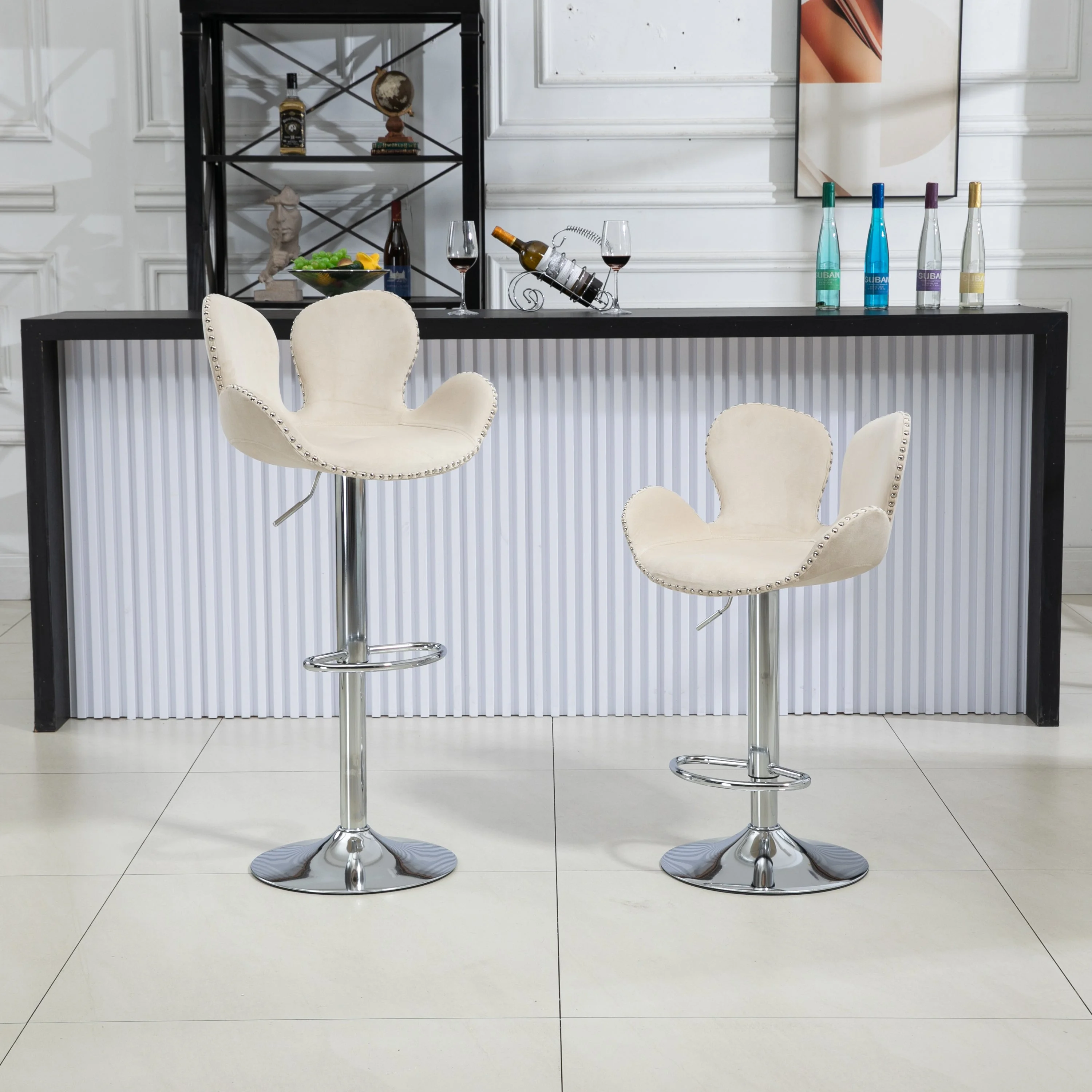 Clove Bar Stools with Back and Footrest  - Beige Set of 2