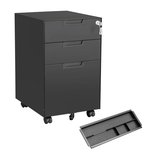 MIIIKO File Cabinet 3 Drawers on Wheels Under Desk, Black Metal Rolling File Cabinets with Lock for Home Office, Un-Assembled Filing Cabinet with Lock