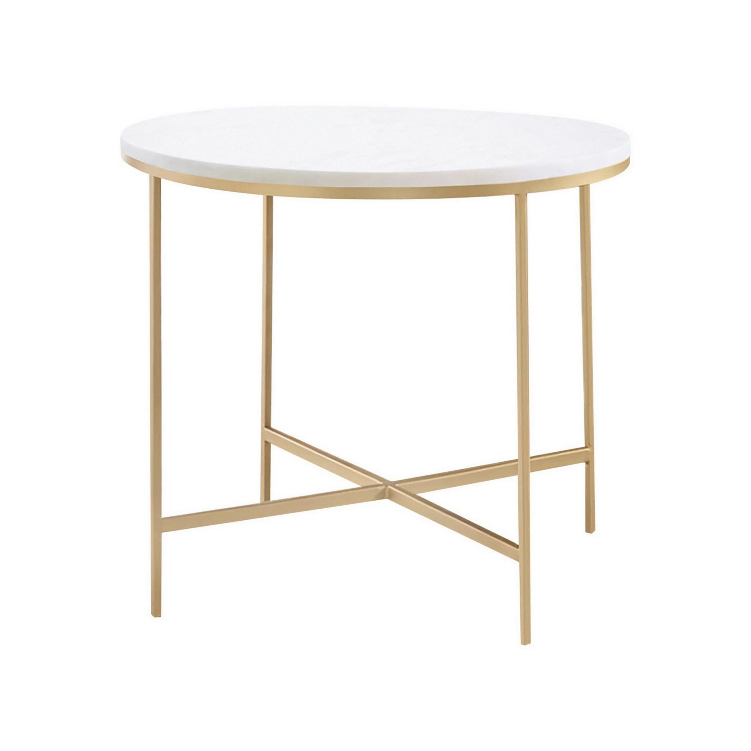 24 Inch Side End Table, Rounded Marble Surface, Sleek Gold Metal Frame