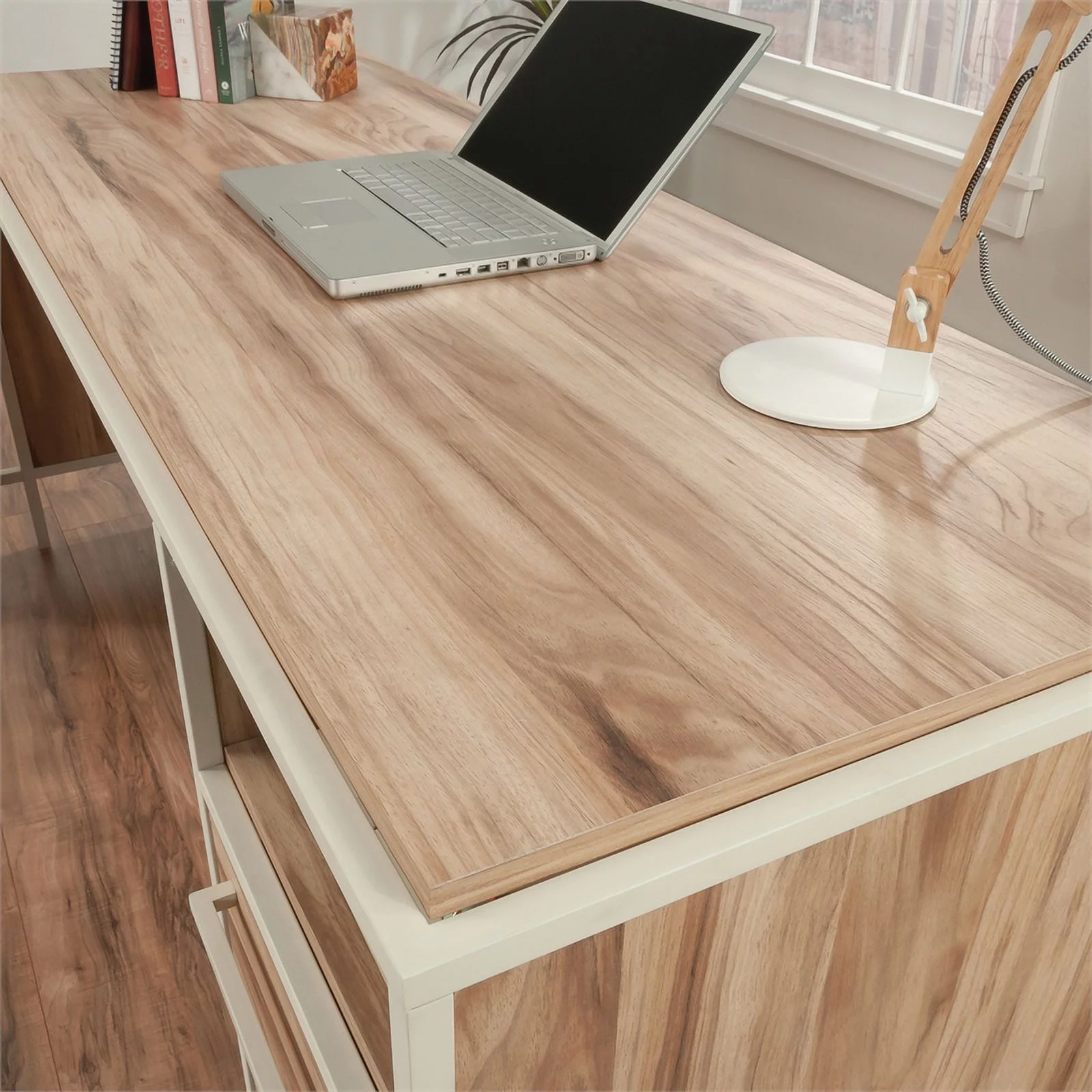 Pemberly Row Engineered Wood L-Desk in Kiln Acacia / Brown Finish
